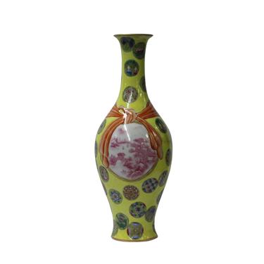 Chinese Yellow Color Ceramic Oriental Scenery Pattern Vase ws983E 