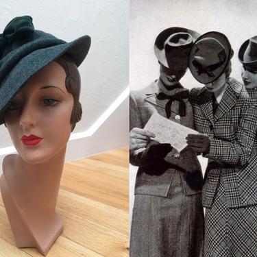 The Latest Dispatches - Vintage 1940s Sea Green Tweed Wool Fedora Tyrolean Hat w/Velvet Bow 