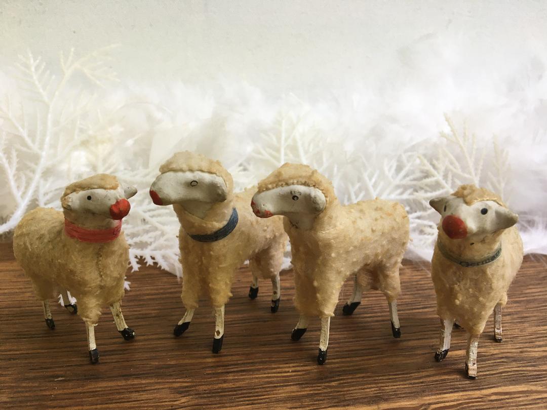 Vintage Set Of 4 Wooly German Putz Sheep, Wooly Stick Leg