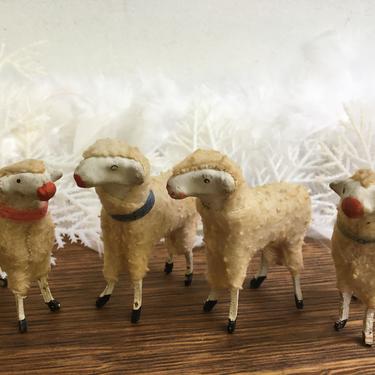 Vintage Set Of 4 Wooly German Putz Sheep, Wooly Stick Leg