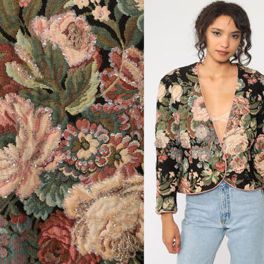 Floral TAPESTRY Jacket 90s Beaded Jacket Open Front Blazer