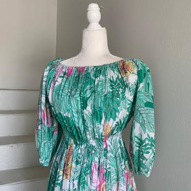 1970s Off the Shoulder Anthurium Botanical Print Cotton Voile Dress Elastic Waist Summer Dress 38&quot; bust 