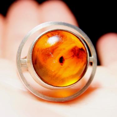 Vintage Modernist Silver Amber Halo Ring, Beautiful Amber Gemstone In Open Circle Frame, Double Wire Band, Statement Ring, Size 9 3/4 US 