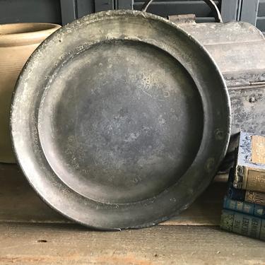 19th C French Pewter Plate, Etain, Charger, Serving Platter, Centerpiece Bowl, Rustic Primitive Wall Decor, Hallmarked, Damaged 