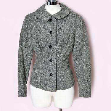 50's Gray Wool Jacket, Suit, Blazer, Vintage Mid Century, Speckled Black, 1940's, Size medium, Womens Short Coat, Grey Wool 