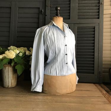 French Blue Cotton Blouse Shirt, Fitted, Retro Sportswear, Womens 1950s Casual Wear 
