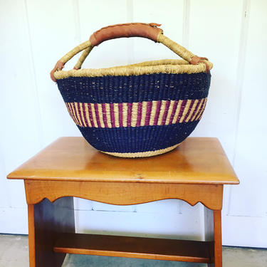 Vintage Woven African Market Basket with Leather handle Detailing 