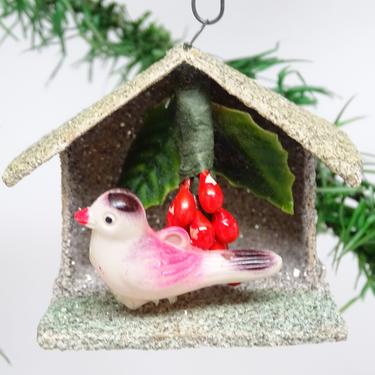 Vintage Bird Christmas Ornament,  Antique Glitter House, Retro Decor, Faux Holly & Berries 