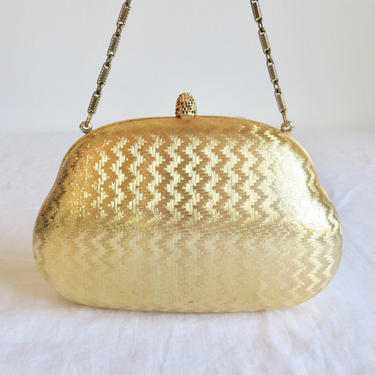 Vintage White Purse Woven with Gold Chain Handles Kiss Lock Made in Italy