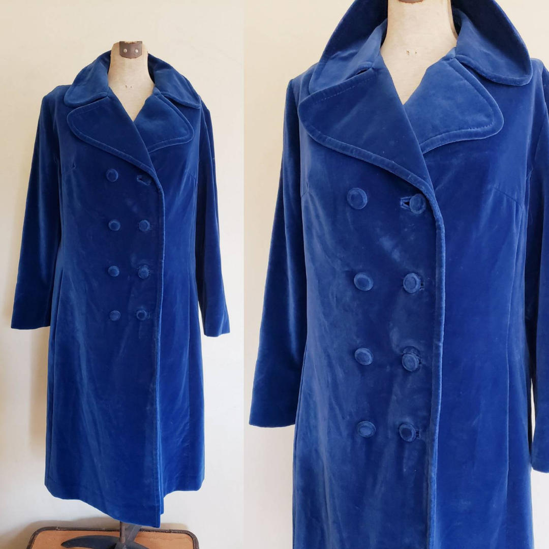 1970s Blue Velvet Coat Double Breasted XL / 70s Spring Fall | RareJule ...