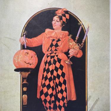 30's Halloween Magazine Cover, Holland The Magazine Of The South, October 31, 1931, Art Deco Lady With JOL In Festive Costume 