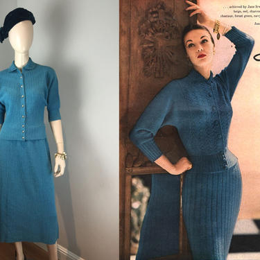 Zephyr Blues - Vintage 1950s Jane Irwill Cerulean Blue Wool Knit Sweater Skirt Set - M 