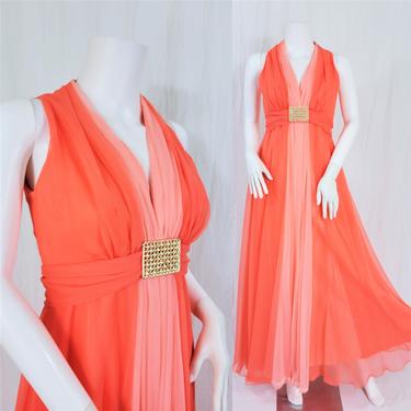 1960's Coral Peach Lillie Rubin Long Chiffon Maxi Dress I Gown I Sz Sm 