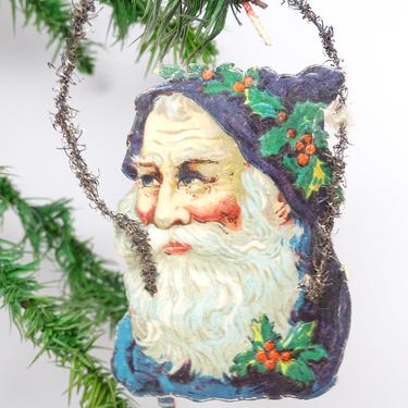 Antique Early 1900's Victorian Die Cut and Tinsel Blue Belsnickel Santa Scrap Ornament, Vintage Tree Decor 