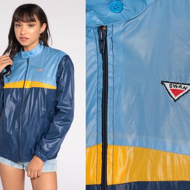 Windbreaker Jacket 80s Shiny COLOR BLOCK Jacket Zip Up Jacket Blue Nylon Sportswear Vintage Retro 1980s Streetwear Navy Blue Small Medium 