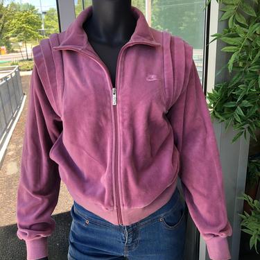 1980's NIKE Velour Track Jacket Women's M Purple Lilac MAUVE Color Art Deco Shoulders True Vintage 80's Scarce Rare Thriller Sleeves 