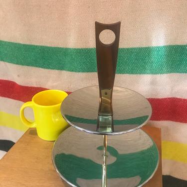 Vintage Tiered-Serving Stand, Serving Tower, Dessert and Fruit Serving Trays, Platters, Silver and Wood, Jewelry Display 