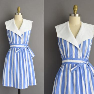1970s vintage dress | Adorable Lanz Bold Blue & White Stripe Print Cotton Dress | Small | 70s dress 