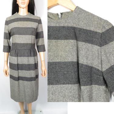 Vintage 50s Gray Striped Wool Day Dress Made In USA Size XS 