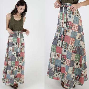 Vintage 70s Patchwork Floral Skirt / Polka Dot Plaid Homespun Print / Floor Length Wrap Waist Tie / Womens Americana Chore Maxi Skirt 