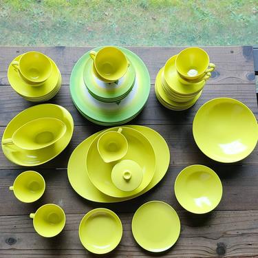 Vintage Mid Century Avocado Green Melmac Style Melamine Dish Set of 54 Pieces! Serving Platter, Creamer/Sugar, Cups & Saucers, Dinner Plates 