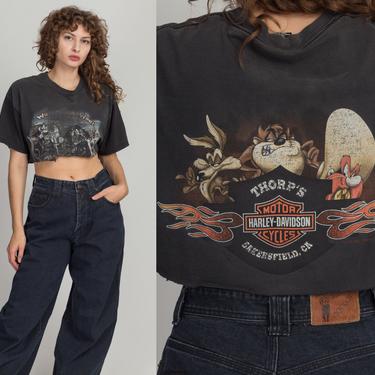 Vintage Bugs &amp; Taz Harley &amp;quot;Wild As The Wind&amp;quot; Crop Top - Large | Y2K Thrashed Faded Black Looney Tunes Graphic Cutoff T Shirt 