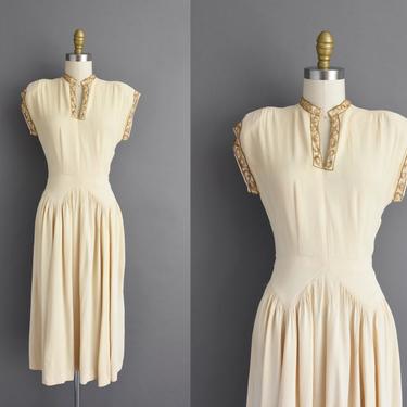 1940s vintage dress | Gorgeous Rayon Crepe Ivory &amp; Gold Sequin Cocktail Party Dress | Small | 40s dress 