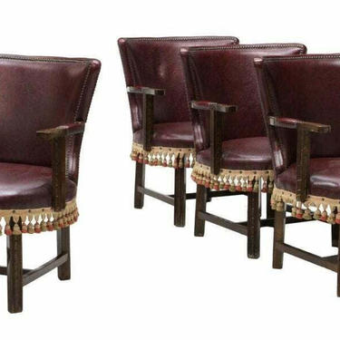 Chairs, Continental, Burgundy Leather-Like, Oak & Tasseled Trim, Vintage, Four!!