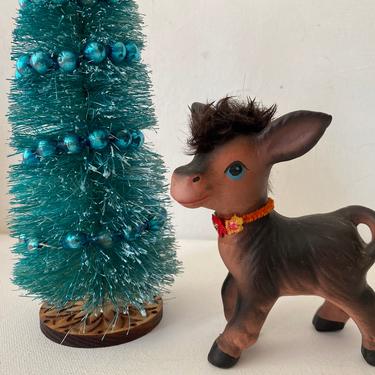 Vintage Enesco Donkey With Fur Mane, Brown Donkey With Flower Collar 