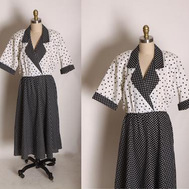 1980s Black and White Polka Dot Short Sleeve Fit and Flare Dress by Caliche -L 