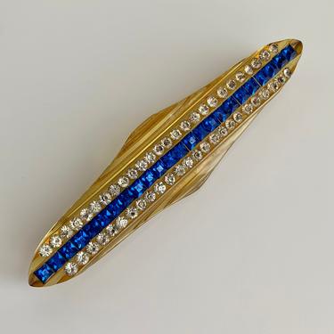 Vintage 1930'S ART DECO Bar Pin - Carved Lucite - Clear &amp; Deep Vivid Blue Rhinestones - Authentic Vintage 