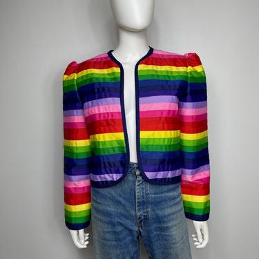 Vtg 80s avant garde puff sleeve rainbow ribbon woven jacket Med 