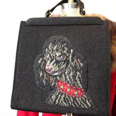 Vintage 1950's 60s Poodle purse dog Faye Mell Miami tapestry Beaded kelly Handbag bag 