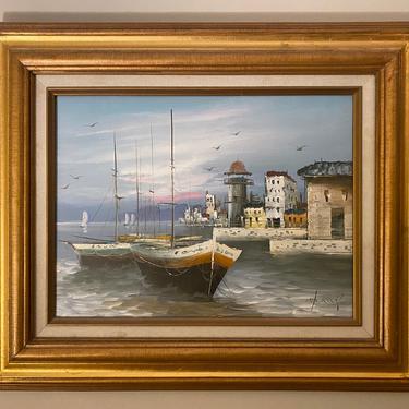 Vintage Nautical Landscape Oil on Canvas Painting Signed 