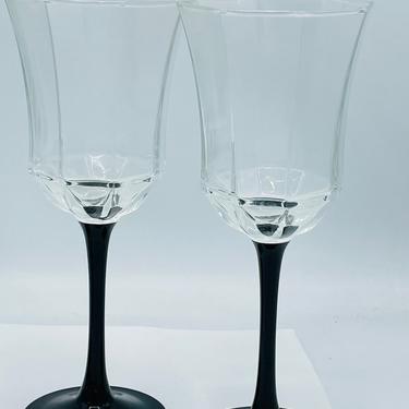 Vintage Set of two Octime Luminarc France 8 1/4&quot; Octagon Black Stem Wine Glasses 