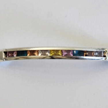 80's GB98 Mexico 925 silver tourmaline edgy bling curved bar bracelet, channel set multi-colored gems sterling figaro chain bracelet 