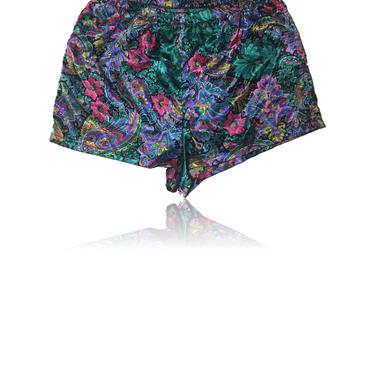 Teal and Purple Satin  Shorts // Multicolored Floral Paisley // Size Medium 