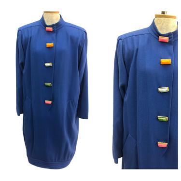 Vintage VTG 1980s 80s Designer Richilene Blue Wool Sack Dress Large Buttons 