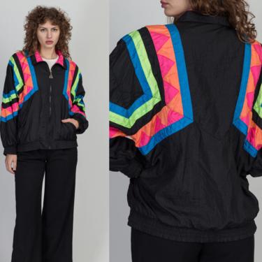 80s Black Colorful Striped Windbreaker - Large | Vintage Zip Up Color Block Streetwear Geometric Trim Jacket 