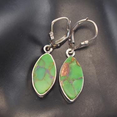 70's 925 silver green copper turquoise pointed oval boho dangles, simple sterling &amp; stone Southwestern hippie earrings 
