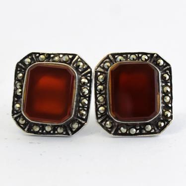 30's Art Deco 925 silver carnelian marcasite square statement studs, sterling dark red stone pyrite geometric post earrings 