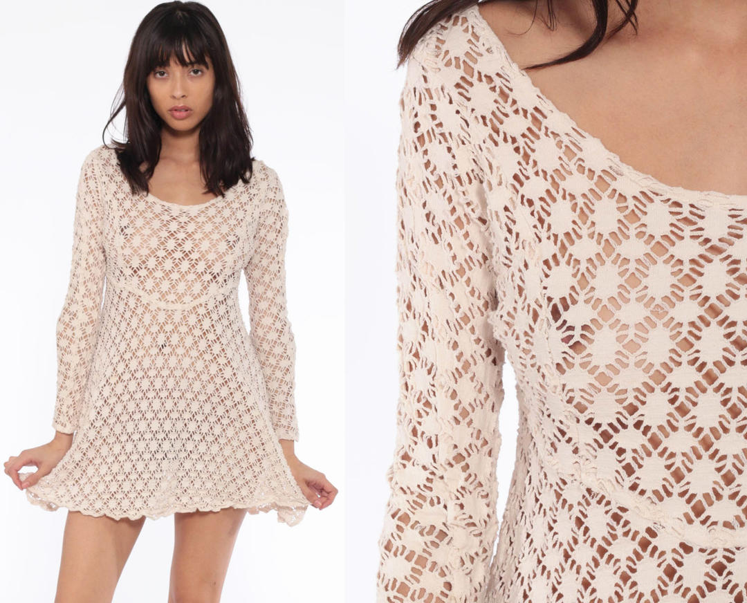 Sheer Crochet Dress Sheer Beige Boho Hippie Cutwork Mesh Dress 90