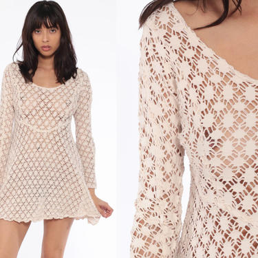 Sheer Crochet Dress Sheer Beige Boho Hippie CUTWORK Mesh Dress 90s Micro Mini Cut Out 1990s Beach Cover Up Festival Bohemian Small 