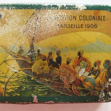 Coste Biscuits 1906 EXPOSITION COLONIALE Marseille Lithographed Tin Box, Antique French Biscuit Tin, Biscuiterie Coste Marseille France 