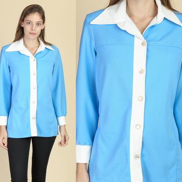 70s Graff Californiawear Button Up Top - Medium | Vintage Blue White Contrast Trim Collared Disco Shirt 