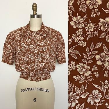 Vintage 1940s Blouse 40s Cold Rayon Floral Brown and White Cropped Top 
