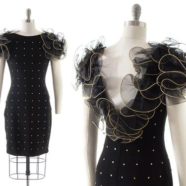 Vintage 1980s Dress | 80s TADASHI Ruffled Puff Sleeve Metal Studded Stretchy Black Bodycon Cocktail Party Wiggle Dress (small/medium) 
