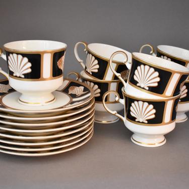 Pedestal Coffee Tea Cups | Vintage Mikasa Bone China | Seashore Pattern | MCM Shells Fish | Black White Gold | NOLA Saints | Beach Coastal 