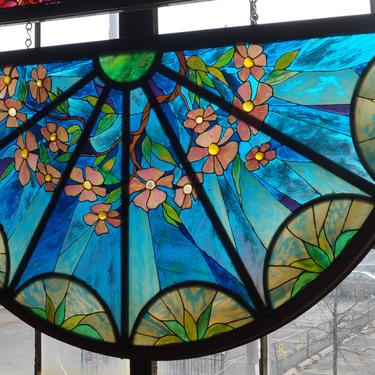 Blue Arched Stained Glass w Pink Flowers