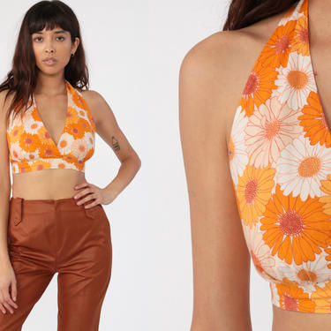 Floral Halter Top 70s Crop Top Orange Flower Power Shirt Shop Exile Tucson AZ